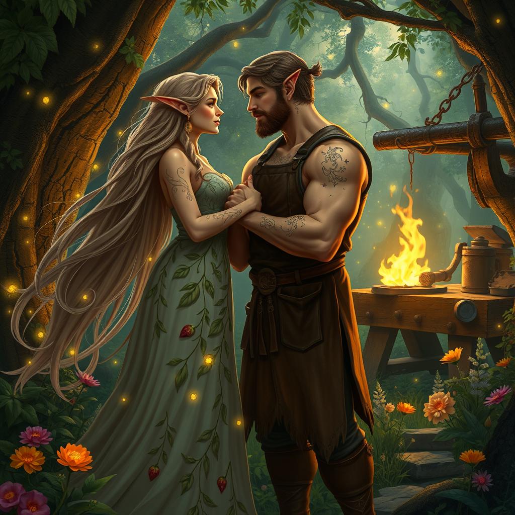 A romantic scene depicting an elf and a blacksmith sharing a tender moment in a lush forest glade