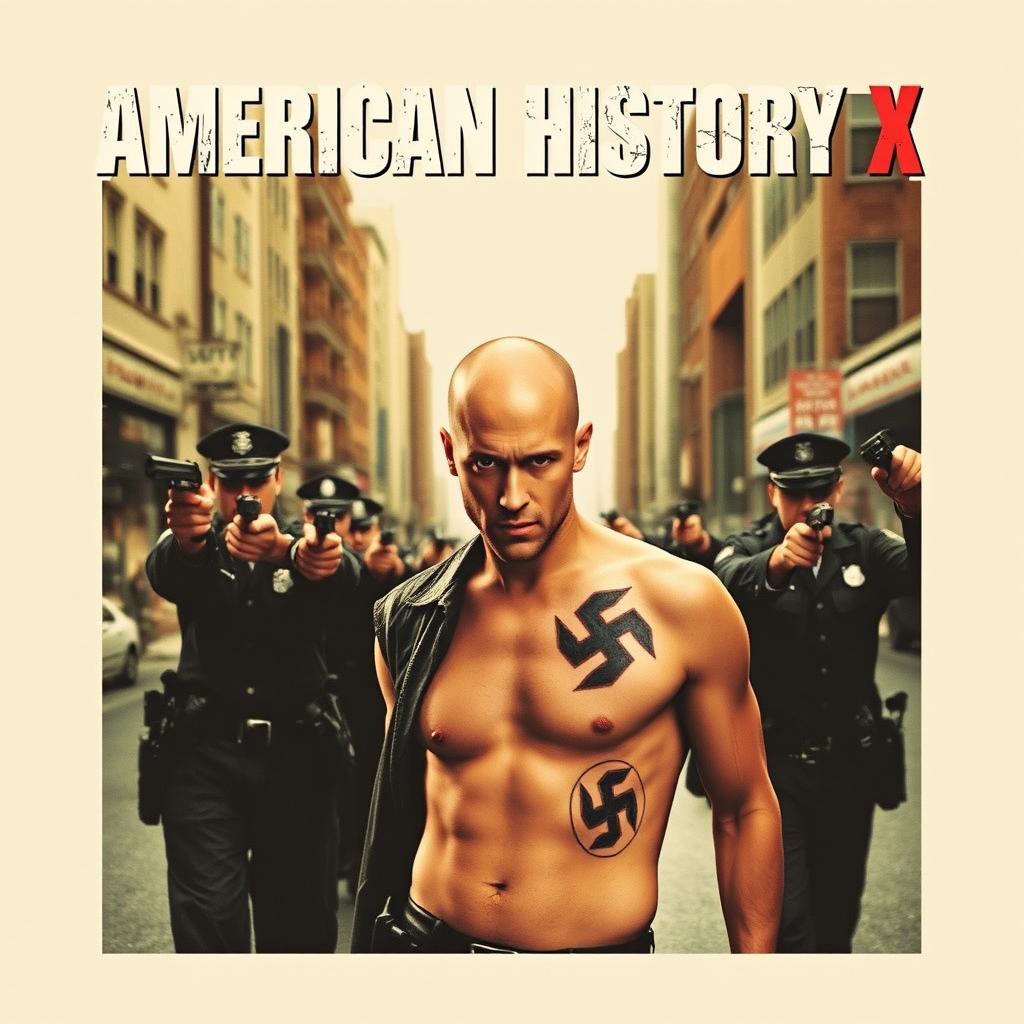 A film cover for 'American History X', featuring Edward Norton with a bald head and a prominent Nazi tattoo on the right side of his chest