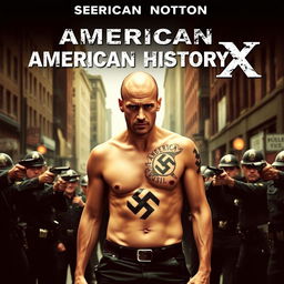 A film cover for 'American History X', featuring Edward Norton with a bald head and a prominent Nazi tattoo on the right side of his chest