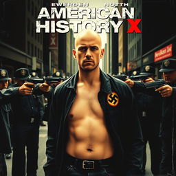 A film cover for 'American History X', featuring Edward Norton with a bald head and a prominent Nazi tattoo on the right side of his chest