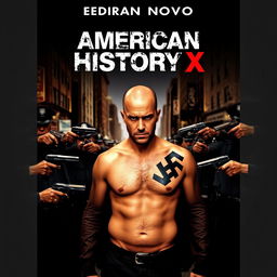 A film cover for 'American History X', featuring Edward Norton with a bald head and a prominent Nazi tattoo on the right side of his chest