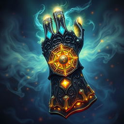 A beautifully detailed magical gauntlet designed for a collectible card game (CCG) or trading card game (TCG)