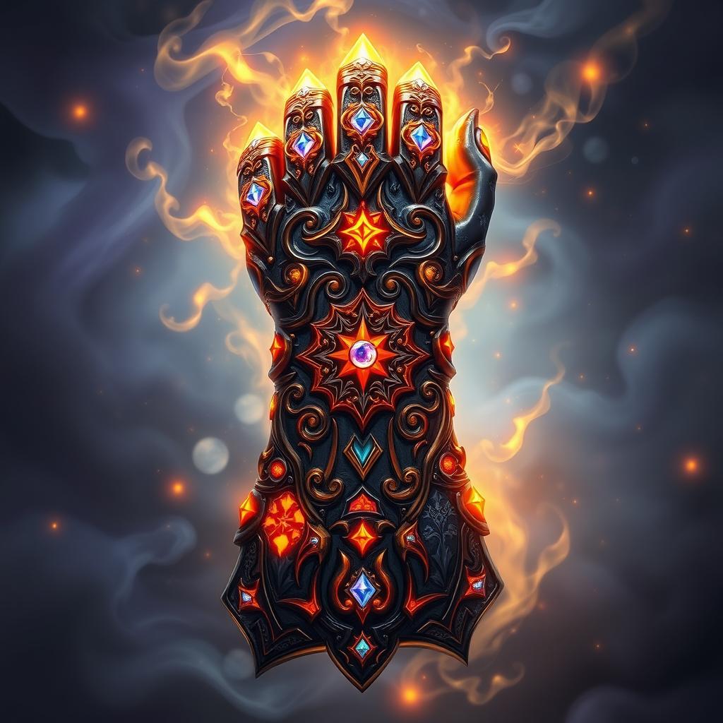 A beautifully detailed magical gauntlet designed for a collectible card game (CCG) or trading card game (TCG)