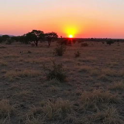 A serene African landscape at sunset, capturing the moment just before the sun sets, casting warm hues across the scene