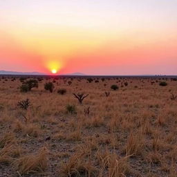 A serene African landscape at sunset, capturing the moment just before the sun sets, casting warm hues across the scene