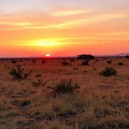 A serene African landscape at sunset, capturing the moment just before the sun sets, casting warm hues across the scene