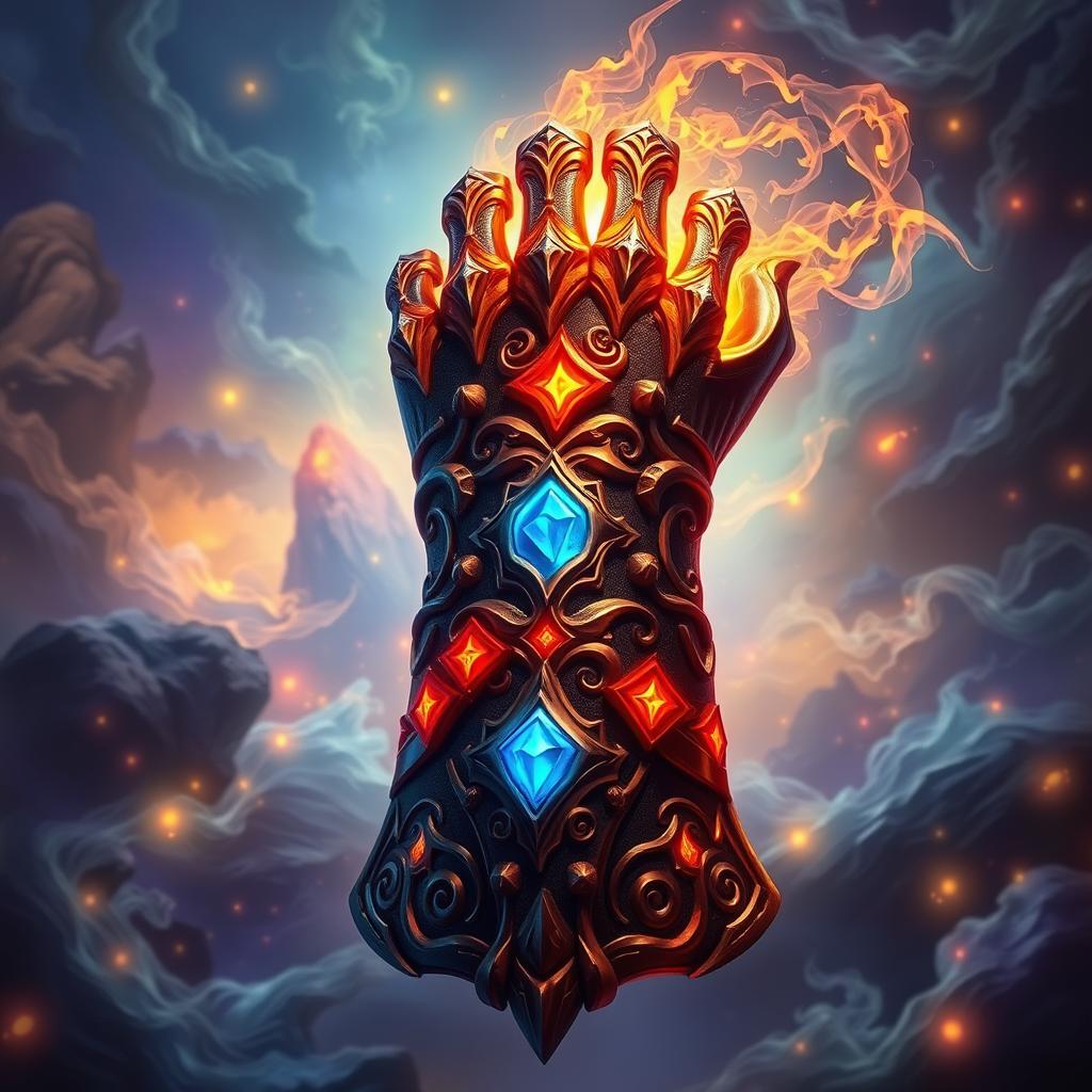 A magical gauntlet of strength, exquisitely designed for a collectible card game (CCG) or trading card game (TCG)