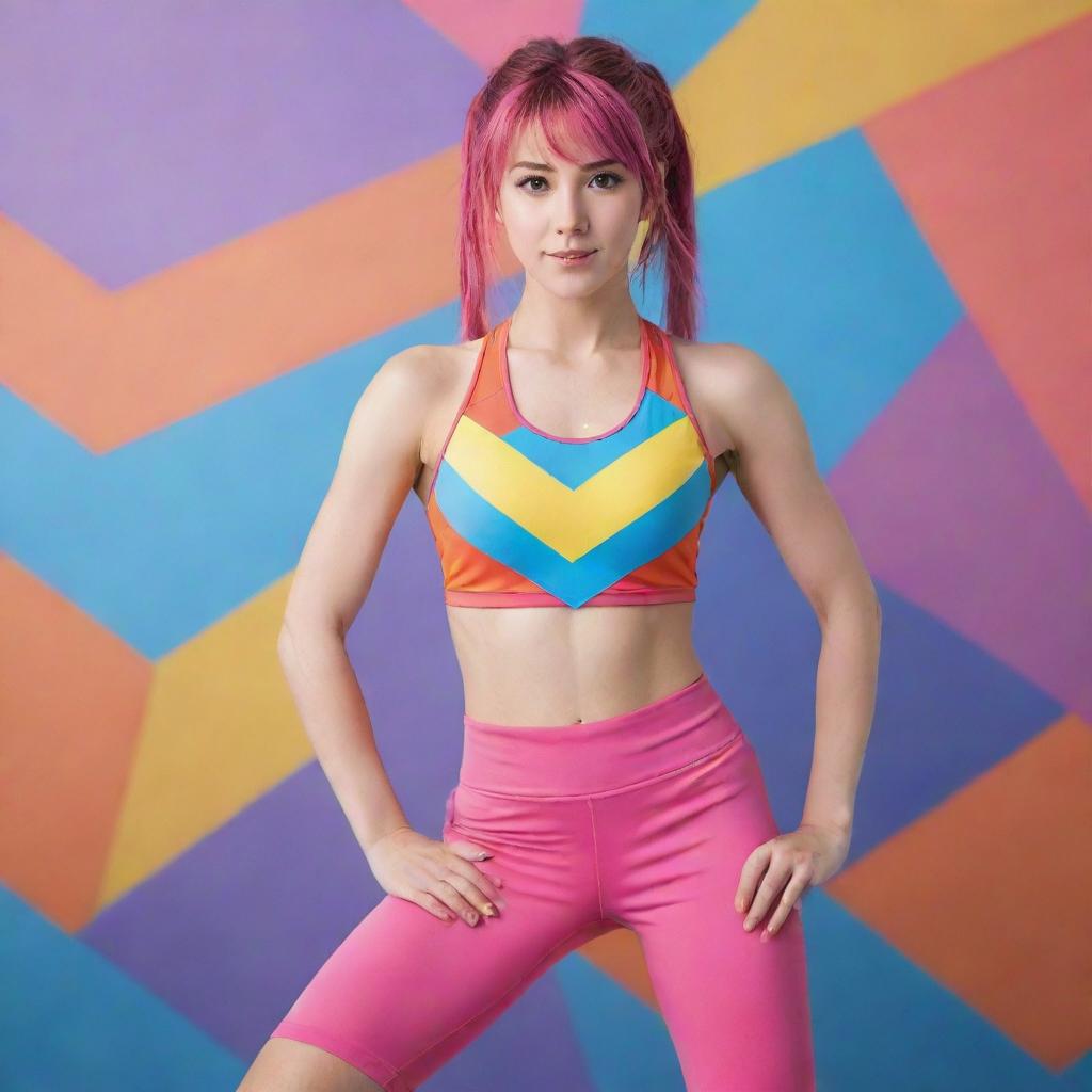 An anime girl dressed in colorful workout attire, posing energetically against a gym backdrop.