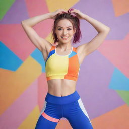 An anime girl dressed in colorful workout attire, posing energetically against a gym backdrop.