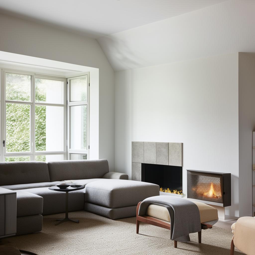 A rectangular Scandinavian style living room where a television sits independently, boldly facing an L-shaped couch and chair. Corner windows next to the inviting fireplace fill the room with soft, natural light.