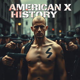 A film cover inspired by 'American History X', showcasing Edward Norton with a bald head and a single prominent Nazi tattoo on the right side of his chest