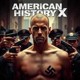 A film cover inspired by 'American History X', showcasing Edward Norton with a bald head and a single prominent Nazi tattoo on the right side of his chest