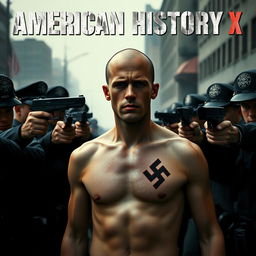 A film cover inspired by 'American History X', showcasing Edward Norton with a bald head and a single prominent Nazi tattoo on the right side of his chest