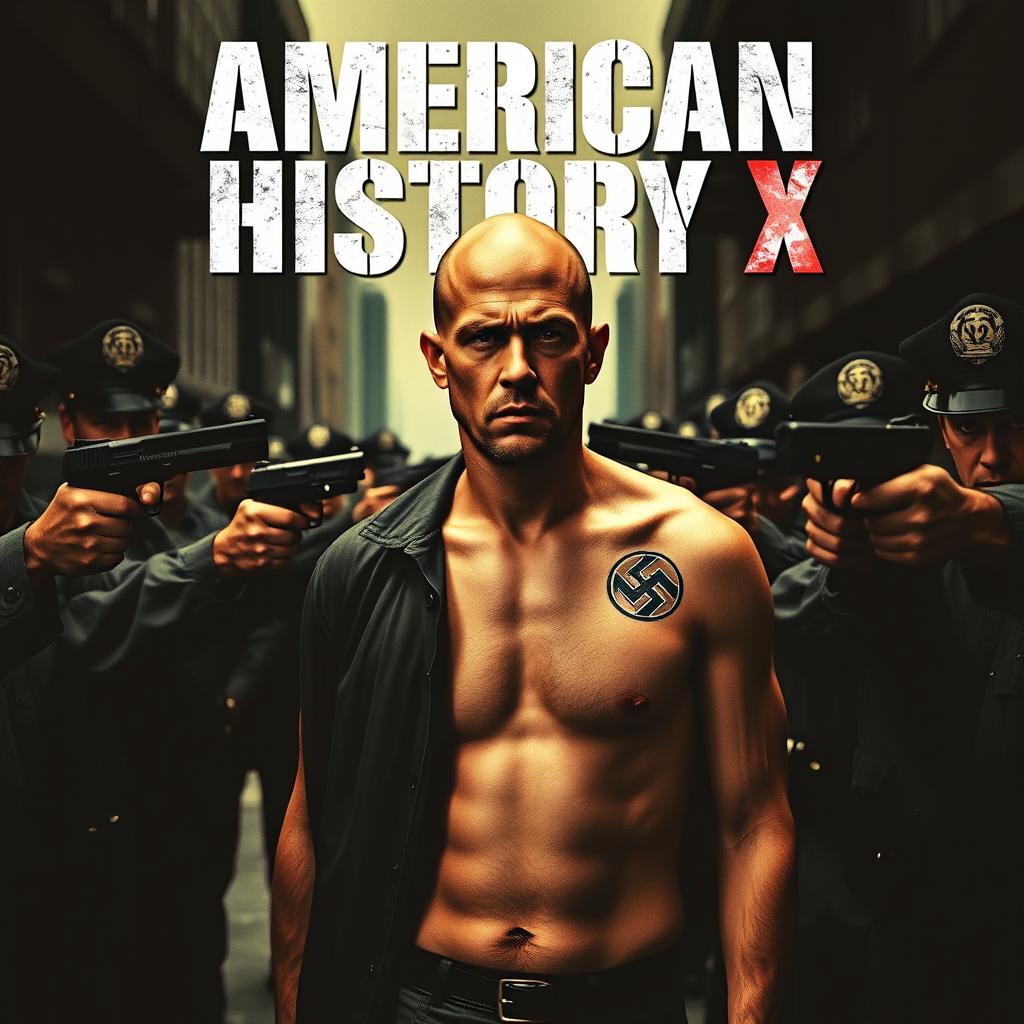 A film cover inspired by 'American History X', showcasing Edward Norton with a bald head and a single prominent Nazi tattoo on the right side of his chest