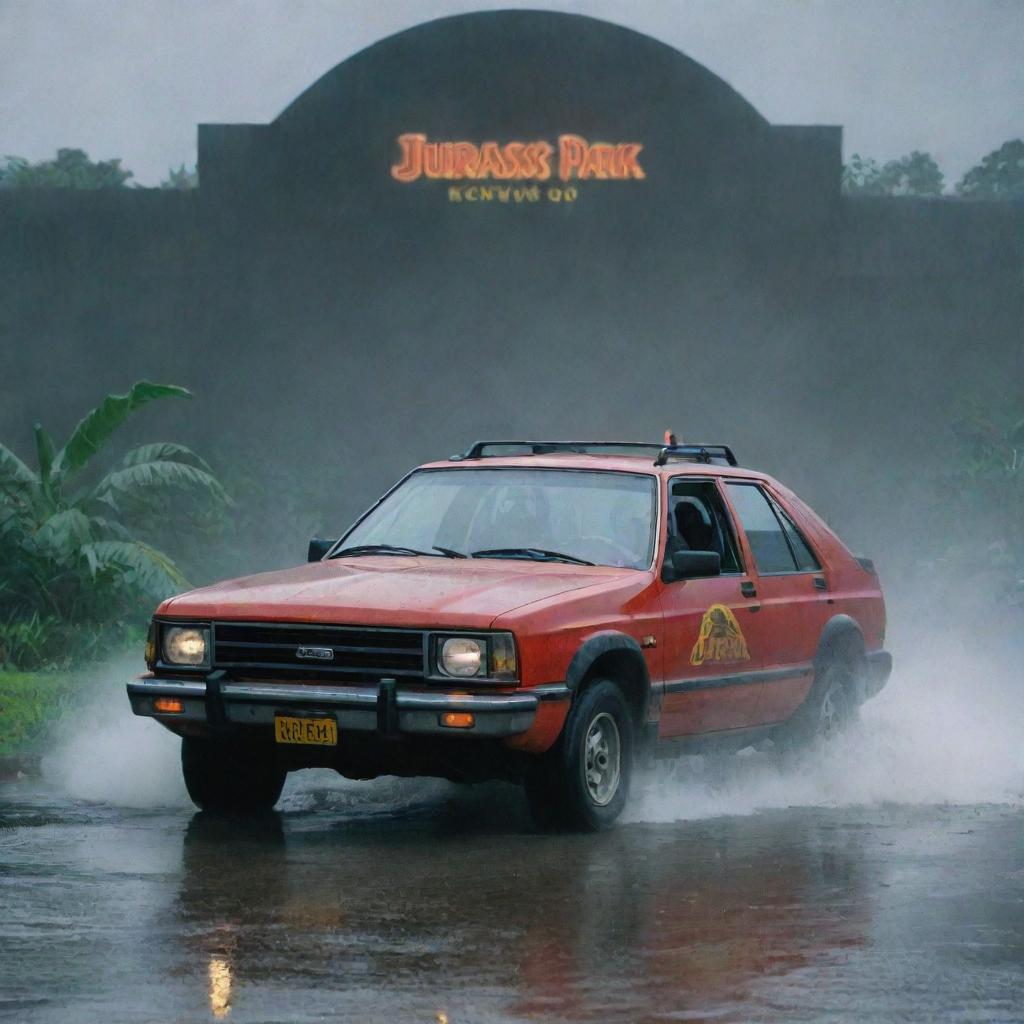 Capture Dennis Nedry in a Jurassic Park-branded car, with the iconic logo on its door, driving through the torrential rain towards the power plant. His determination stands out amid the storm and the lurking dangers of dinosaur island.