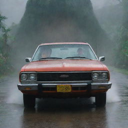 Capture Dennis Nedry in a Jurassic Park-branded car, with the iconic logo on its door, driving through the torrential rain towards the power plant. His determination stands out amid the storm and the lurking dangers of dinosaur island.