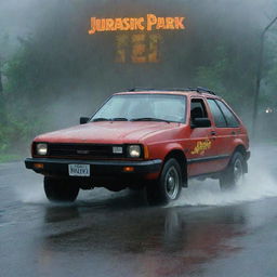 Capture Dennis Nedry in a Jurassic Park-branded car, with the iconic logo on its door, driving through the torrential rain towards the power plant. His determination stands out amid the storm and the lurking dangers of dinosaur island.