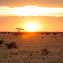 A tranquil African landscape during the golden hour, just before sunset, showcasing the sun's cool light as it prepares to dip below the horizon