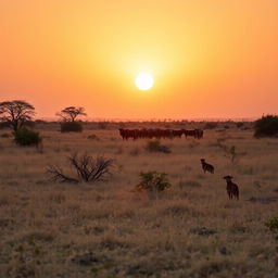 A tranquil African landscape during the golden hour, just before sunset, showcasing the sun's cool light as it prepares to dip below the horizon