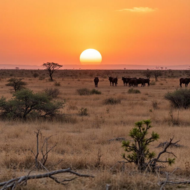 A tranquil African landscape during the golden hour, just before sunset, showcasing the sun's cool light as it prepares to dip below the horizon