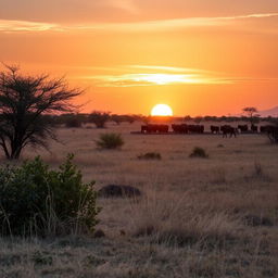 A tranquil African landscape during the golden hour, just before sunset, showcasing the sun's cool light as it prepares to dip below the horizon