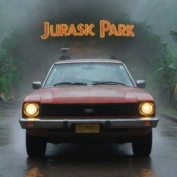 Capture Dennis Nedry in a Jurassic Park-branded car, with the iconic logo on its door, driving through the torrential rain towards the power plant. His determination stands out amid the storm and the lurking dangers of dinosaur island.