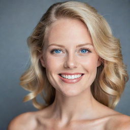 A stunning portrait of a woman with golden blonde hair, lively blue eyes, and a radiant smile. She is elegantly dressed, enhancing her looks with minimalist makeup.