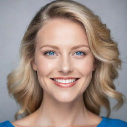 A stunning portrait of a woman with golden blonde hair, lively blue eyes, and a radiant smile. She is elegantly dressed, enhancing her looks with minimalist makeup.