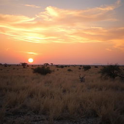 A picturesque African landscape during the cool tones of sunset, where the sun is about to set and casts a soft, gentle glow across the scene