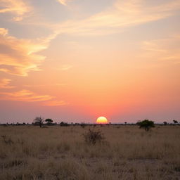 A picturesque African landscape during the cool tones of sunset, where the sun is about to set and casts a soft, gentle glow across the scene