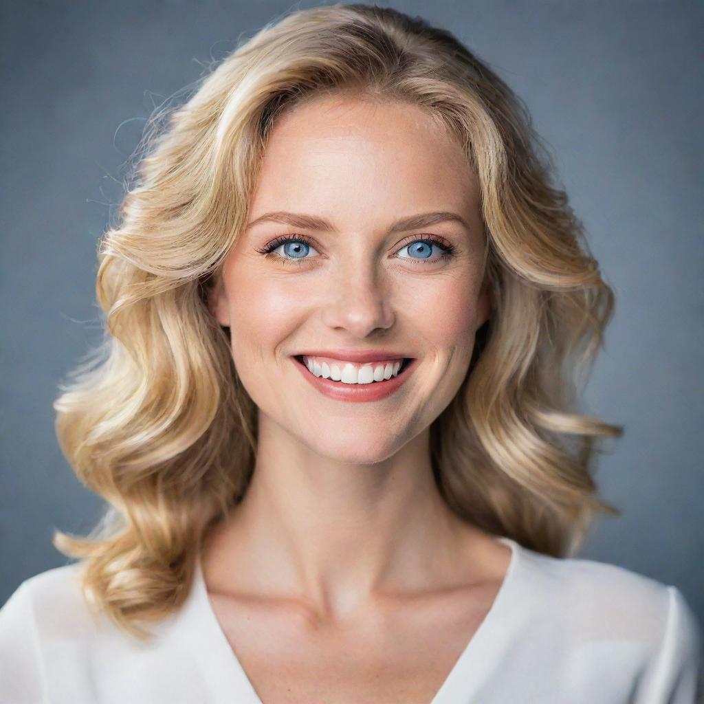 A stunning portrait of a woman with golden blonde hair, lively blue eyes, and a radiant smile. She is elegantly dressed, enhancing her looks with minimalist makeup.