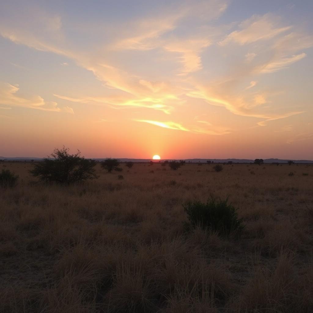 A picturesque African landscape during the cool tones of sunset, where the sun is about to set and casts a soft, gentle glow across the scene