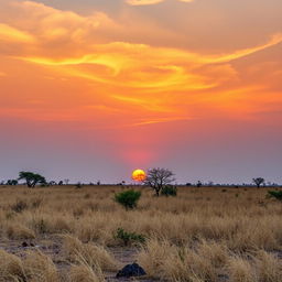 A picturesque African landscape during the cool tones of sunset, where the sun is about to set and casts a soft, gentle glow across the scene