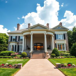 A classic-style house viewed from the outside, featuring elegant architectural details such as large columns, intricate moldings, and a grand facade