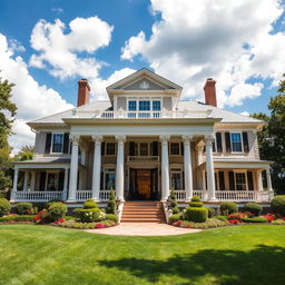 A classic-style house viewed from the outside, featuring elegant architectural details such as large columns, intricate moldings, and a grand facade