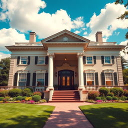 A classic-style house viewed from the outside, featuring elegant architectural details such as large columns, intricate moldings, and a grand facade