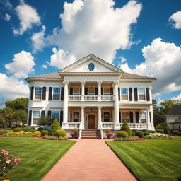 A classic-style house viewed from the outside, featuring elegant architectural details such as large columns, intricate moldings, and a grand facade