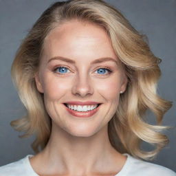 A stunning portrait of a woman with golden blonde hair, lively blue eyes, and a radiant smile. She is elegantly dressed, enhancing her looks with minimalist makeup.