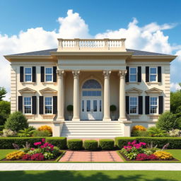 A classic-style house designed in Sketchup, viewed from the outside