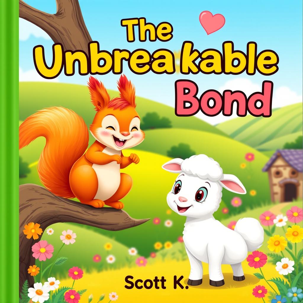 A charming children's book cover featuring an adorable squirrel named Sammy and a cute sheep named Lulu, both smiling playfully