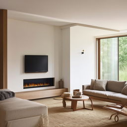 A rectangular living room featuring a stylish TV unit facing an L-shaped couch. Corner windows next to a cozy fireplace bathe the room in natural light, and a comfortable chair sits invitingly near the warmth.