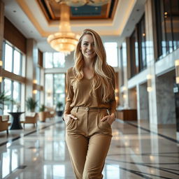 A full body photo of a beautiful 27-year-old Caucasian woman with long light blonde hair cascading down her shoulders and big round wide brown eyes