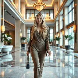 A full body photo of a beautiful 27-year-old Caucasian woman with long light blonde hair cascading down her shoulders and big round wide brown eyes