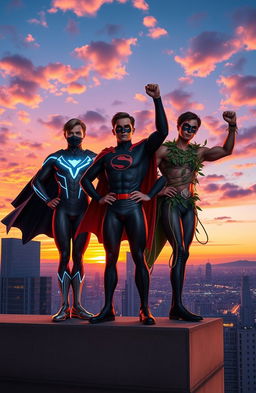 Three heroic brothers standing triumphantly on a rooftop overlooking a vibrant city skyline at sunset