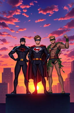 Three heroic brothers standing triumphantly on a rooftop overlooking a vibrant city skyline at sunset