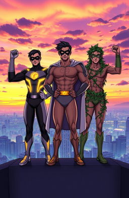 Three heroic brothers standing triumphantly on a rooftop overlooking a vibrant city skyline at sunset