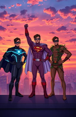 Three heroic brothers standing triumphantly on a rooftop overlooking a vibrant city skyline at sunset