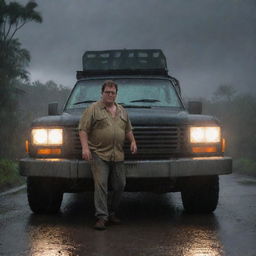 Illustrate Dennis Nedry stepping out of his Jurassic Park vehicle in the midst of the ongoing downpour. He's illuminated by the bleak, stormy sky and the vehicle's lights, ready to face the chaotic situation on Isla Nublar.