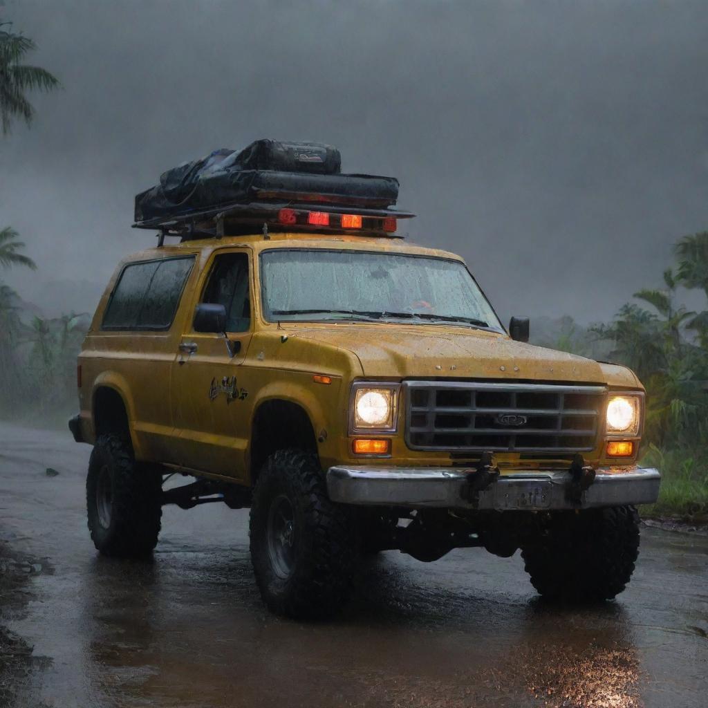 Illustrate Dennis Nedry stepping out of his Jurassic Park vehicle in the midst of the ongoing downpour. He's illuminated by the bleak, stormy sky and the vehicle's lights, ready to face the chaotic situation on Isla Nublar.