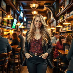 A full body photo of a beautiful 27-year-old Caucasian woman with long light blonde hair flowing elegantly and big round wide brown eyes